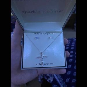 Silver Plated Cross Necklace & Earrings